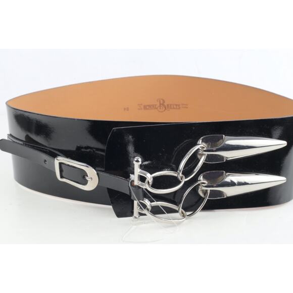 Vintage Black Patent Wide Waist Belt Silver Studded Chain Detail Size 90 main image 6